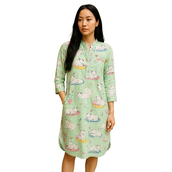 Nick & Nora Mint Green Long Sleeve Nightshirt With Cat Print & Mandarin Collar - Picture 11 of 12